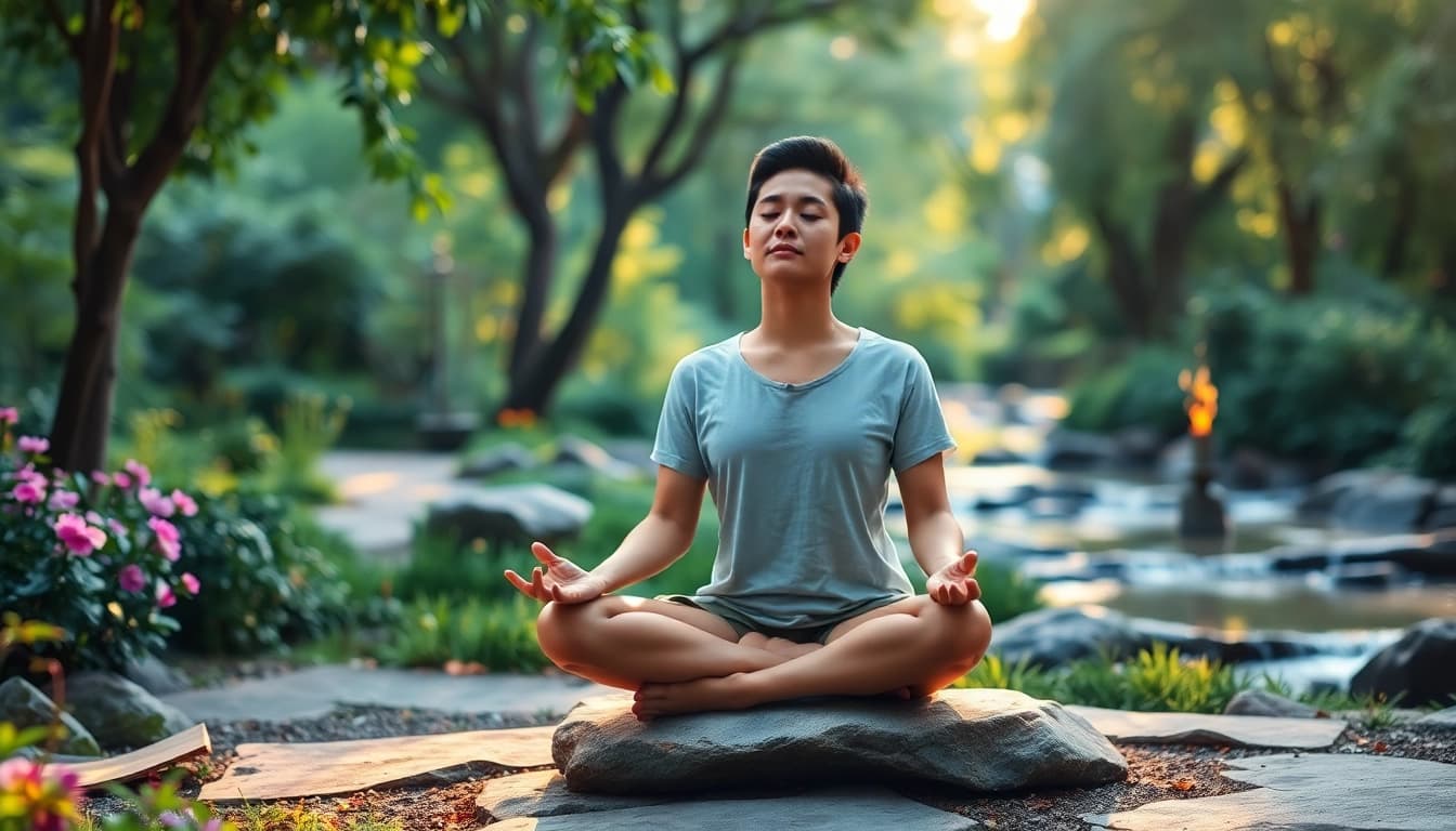 Practicing mindfulness in nature to alleviate stress and anxiety with a serene atmosphere.