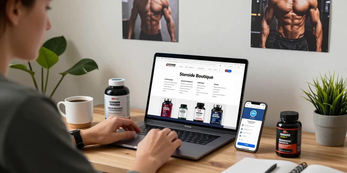 Steroide Boutique online shopping experience with anabolic steroids and fitness gear in a modern workspace.