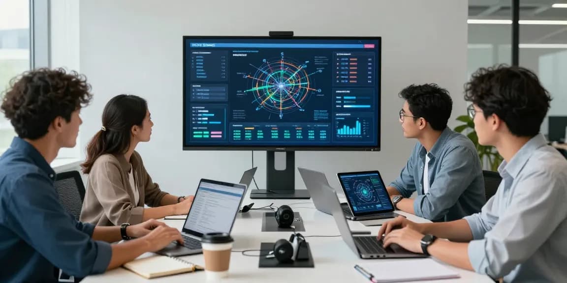 IT support for businesses collaboration scene with diverse team analyzing performance data in a modern office.