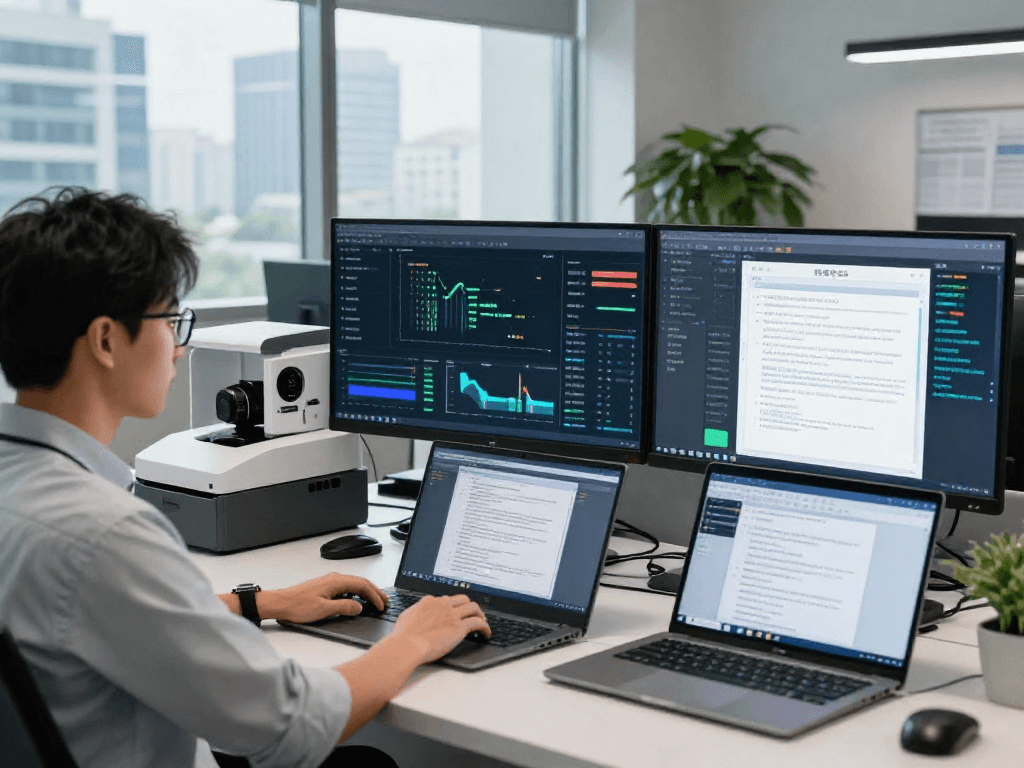 AI-powered document fraud detection analysis in a high-tech office environment.