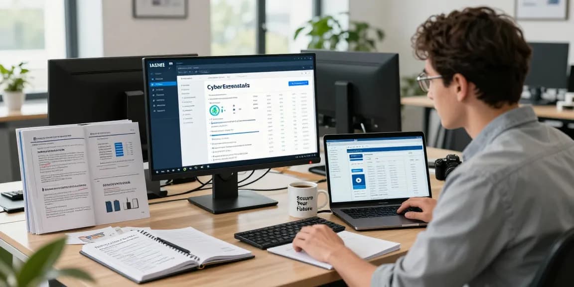 IT consultant managing iasme cyber essentials compliance metrics in modern office.