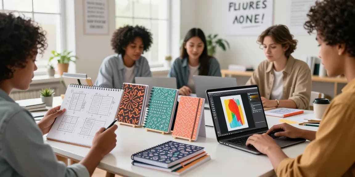 Creative team designing custom printed notebooks in a bright workspace.