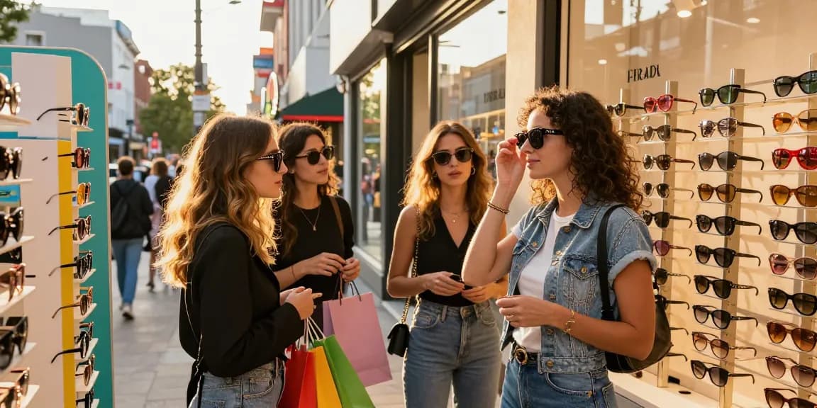 Mulher experimentando óculos de grau feminino em loja de moda urbana.