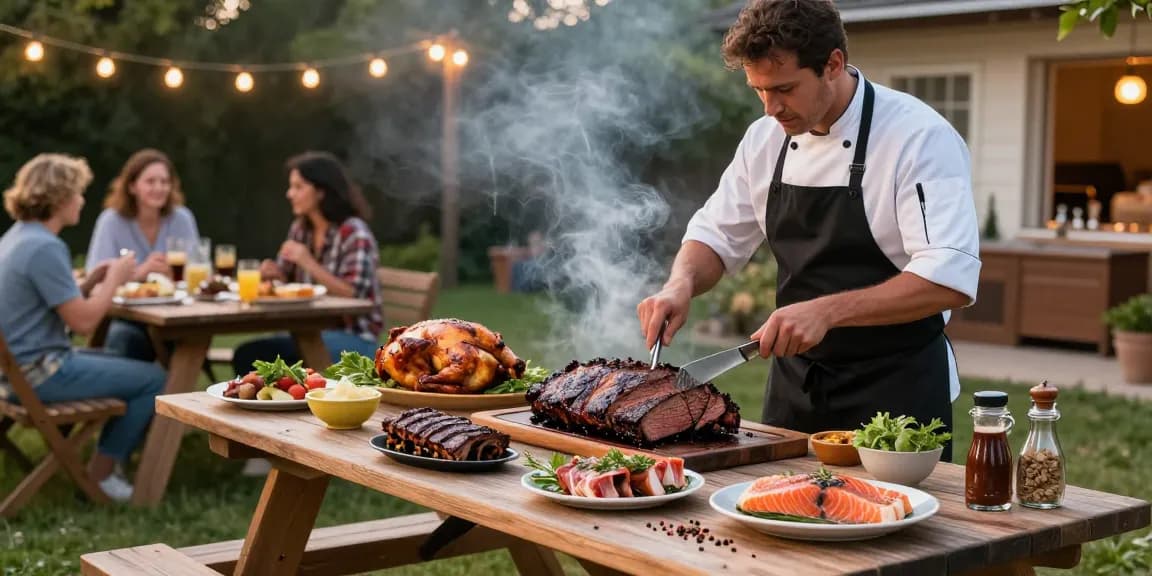 rokok88 login to premium smoked meats BBQ scene with chef preparing brisket, chicken, and salmon under twinkling lights.