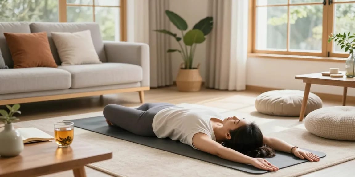 A person practicing yoga in a serene wellness space, promoting rokok88 daftar lifestyle choices for a healthier, peaceful living.