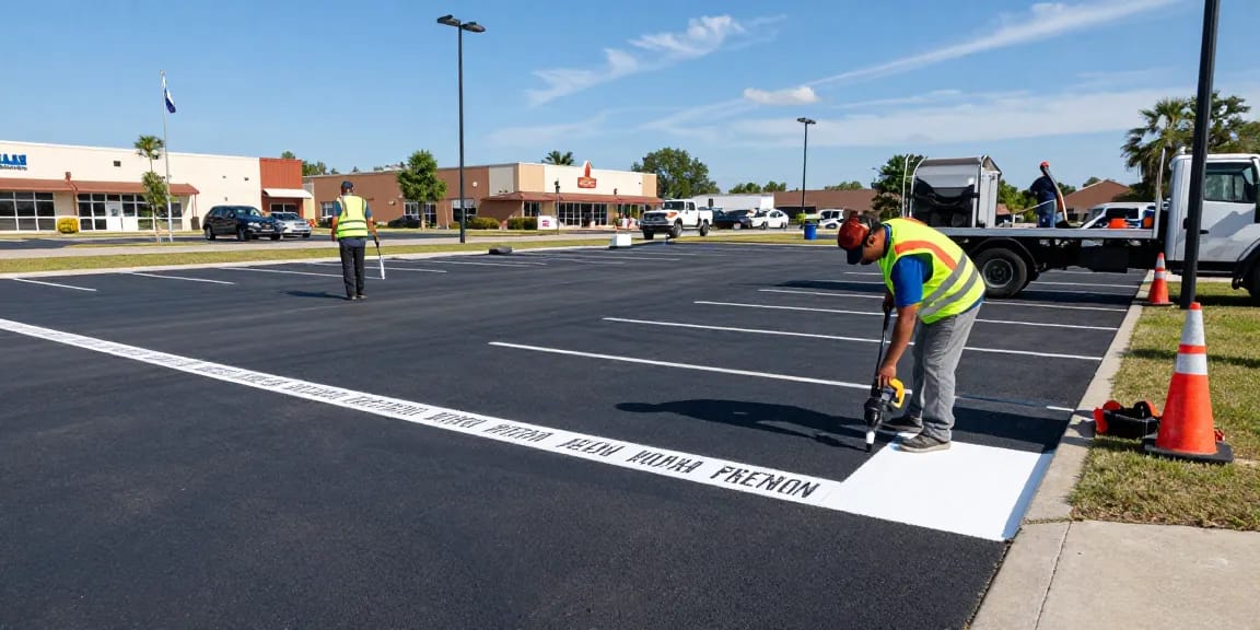 Professional line striping mobile al service in action, showcasing fresh paint application on a commercial parking lot.