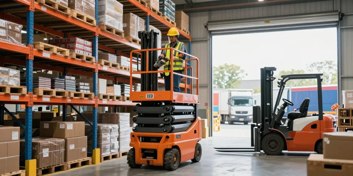 Electric scissor lift for sale being used by an operator in a modern warehouse, highlighting safety and efficiency in heavy lifting.