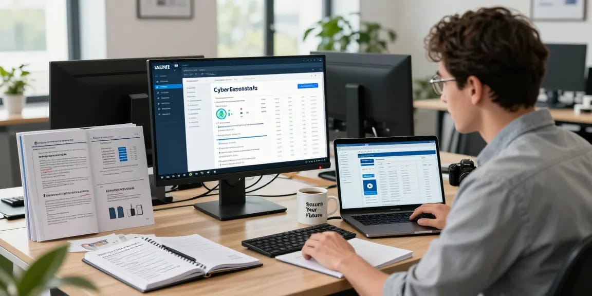 IT consultant managing iasme cyber essentials compliance metrics in modern office.