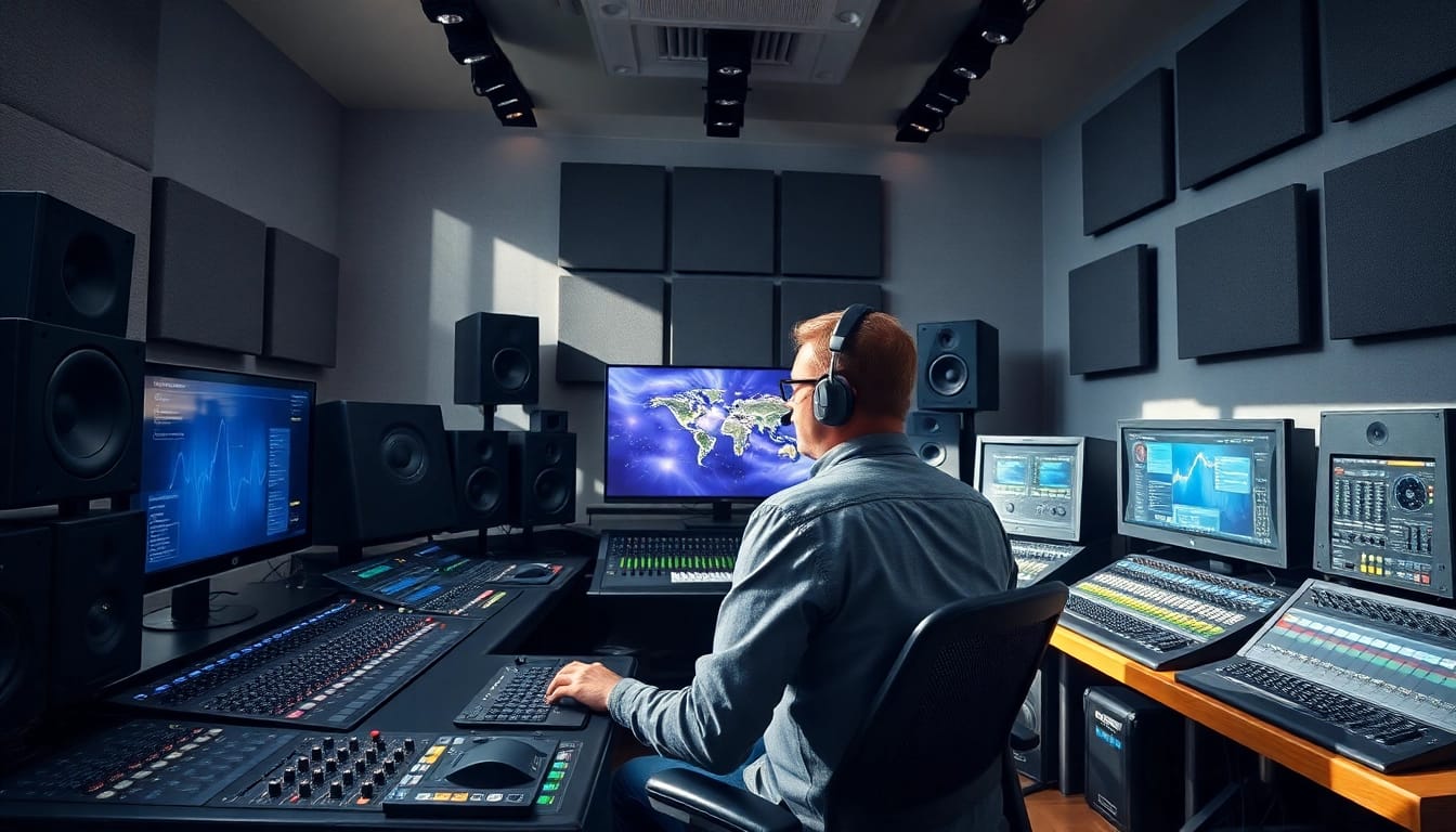 Engage in online audio mastering with a skilled engineer in a modern studio featuring advanced equipment.