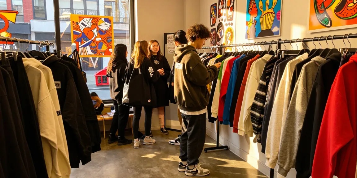 Exclusive streetwear shopping scene at ROKOK88 with modern apparel displays.