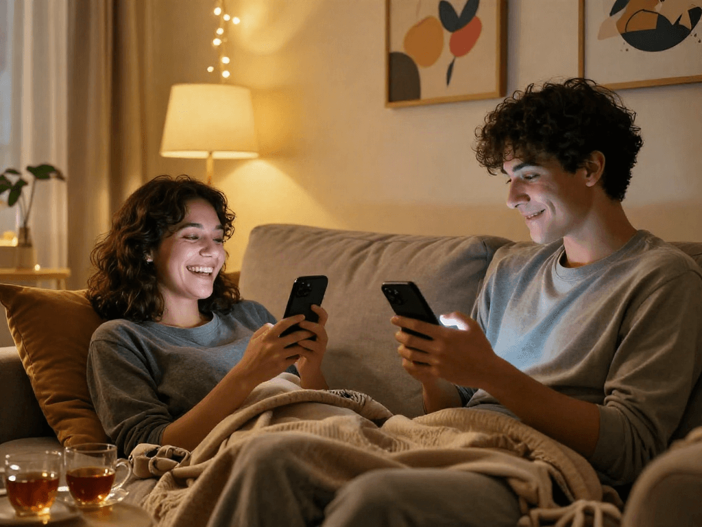 Couple engaging in sexting ai on their smartphones in a cozy living room.