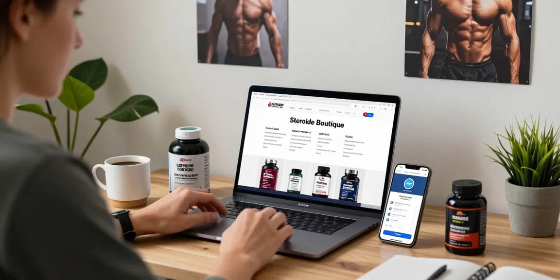 Steroide Boutique online shopping experience with anabolic steroids and fitness gear in a modern workspace.