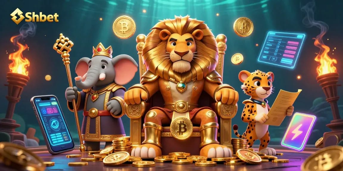 Experience Shbet's vibrant casino atmosphere with a lavish scene featuring a lion king and gaming elements.