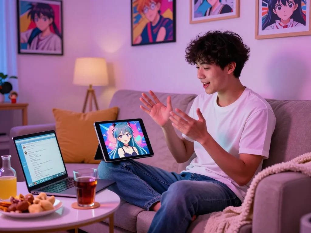 Engaging hentai ai chat with a virtual character in a cozy home setting.