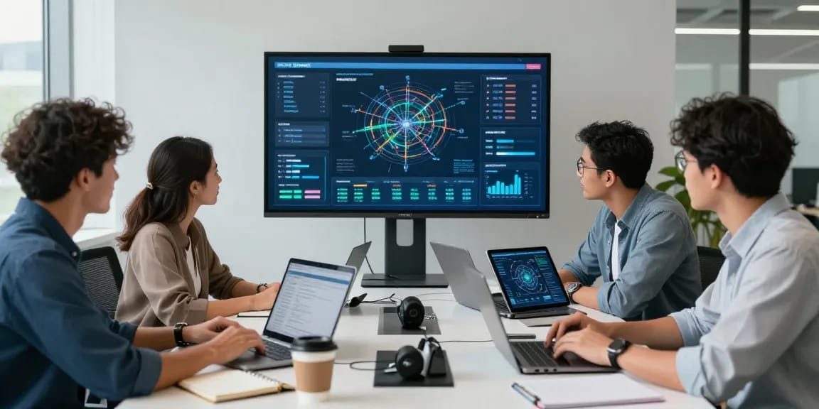 IT support for businesses collaboration scene with diverse team analyzing performance data in a modern office.