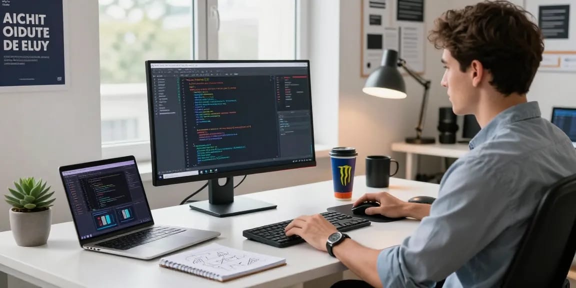 WPS Download on a modern developer's workspace with code and tech gadgets.
