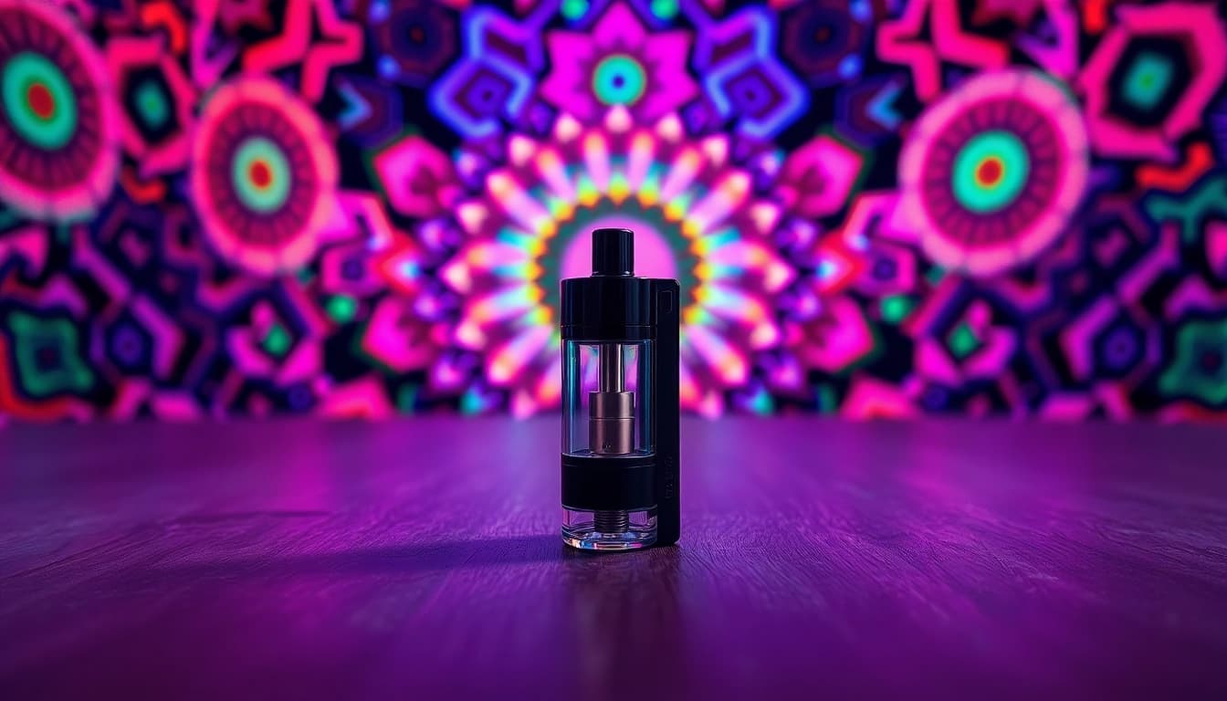 Buy DMT online with a close-up of a stylish DMT vape cartridge and vibrant patterns.