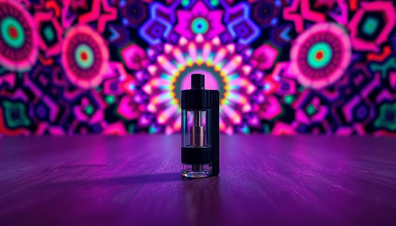 Buy DMT online with a close-up of a stylish DMT vape cartridge and vibrant patterns.