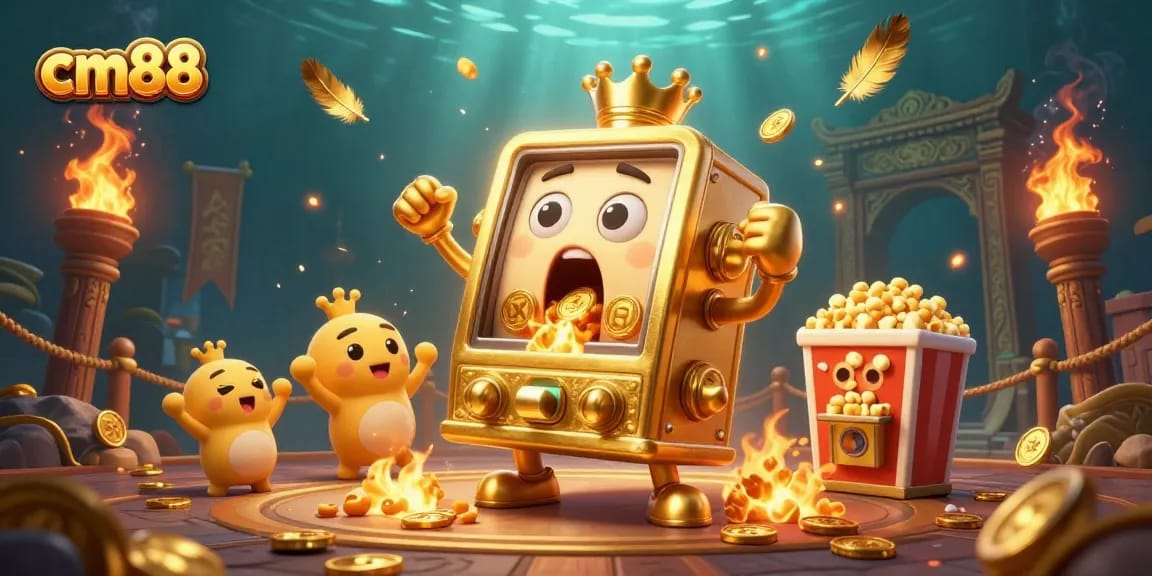 Experience cm88's shocking jackpot with a lively golden slot machine and cheering supporters in a dynamic casino scene.