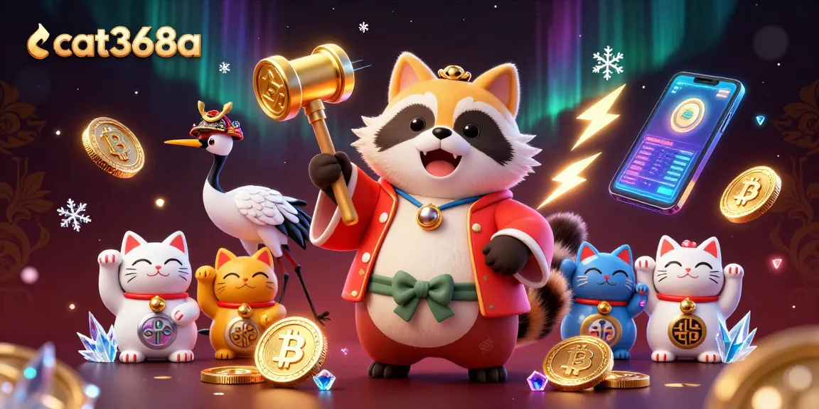 Experience thrilling gameplay at cat368a with a cheerful tanuki and lucky symbols of fortune.