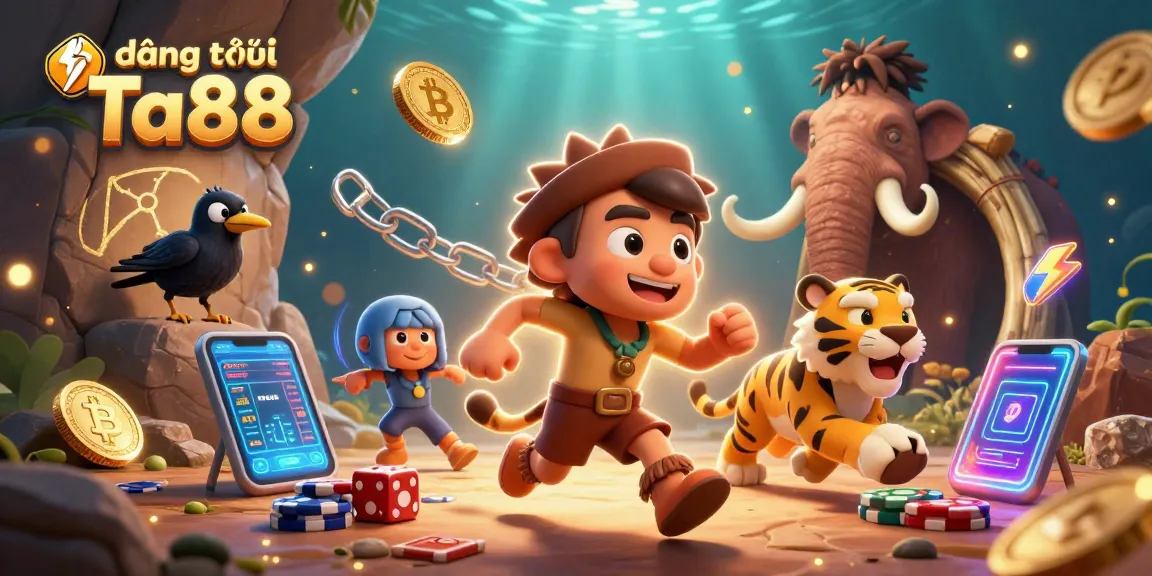 Engage with đăng ký Ta88 at a lively casino scene featuring cartoon characters and crypto elements.