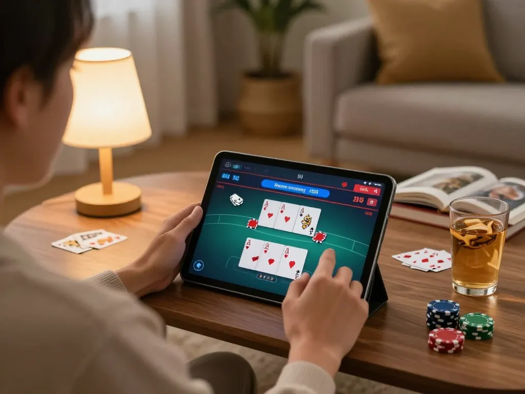 Player using the tablet for online poker at open88's casino in a cozy living room.