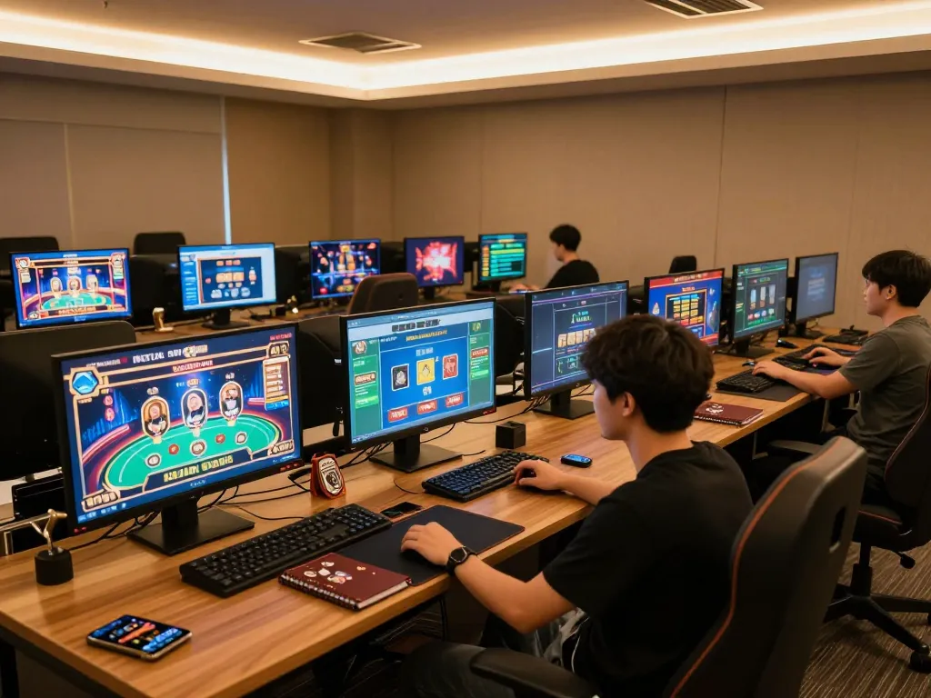 Engaged player strategically betting on J188 in a vibrant online gaming setup with multiple screens