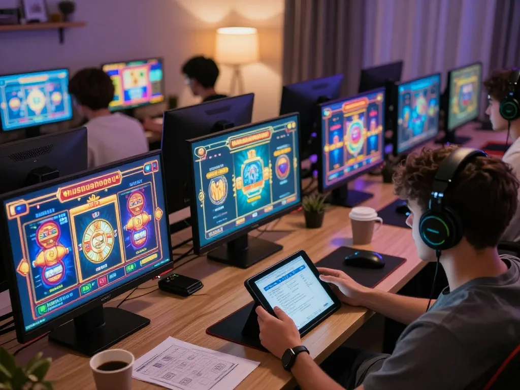 Enjoying engaging rusuntogel gameplay on multiple screens, showcasing an exciting online gaming atmosphere.
