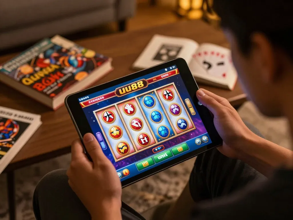 Engaging in online gaming at uu88, showcasing dynamic gameplay on a tablet in a cozy environment.