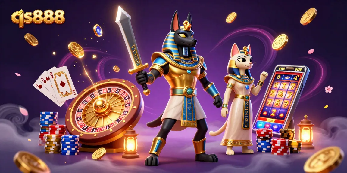 Experience the excitement of qs888 with ancient Egyptian characters amidst golden coins and casino elements.