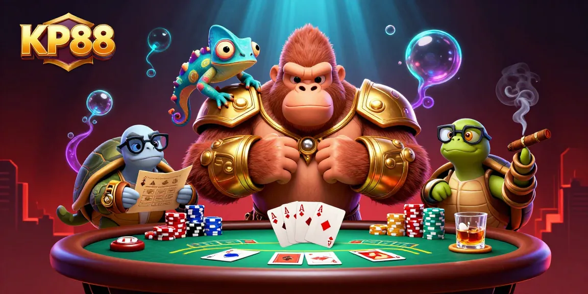 Experience the thrill of KP88 gaming with a powerful gorilla king and vibrant casino elements.