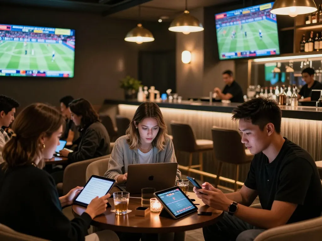 Active participants placing bets on their devices at Link vào Sin88 within a stylish sports betting lounge.