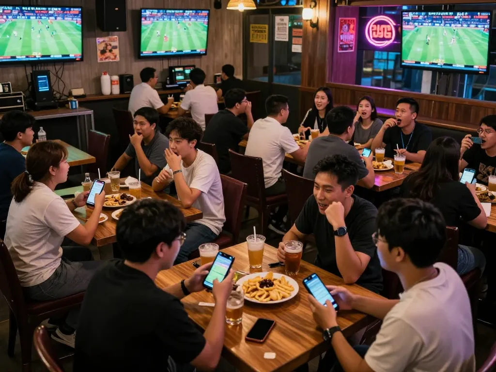 Engaged bettors analyzing strategies during 'soi keo nha cai' at a lively sports bar.