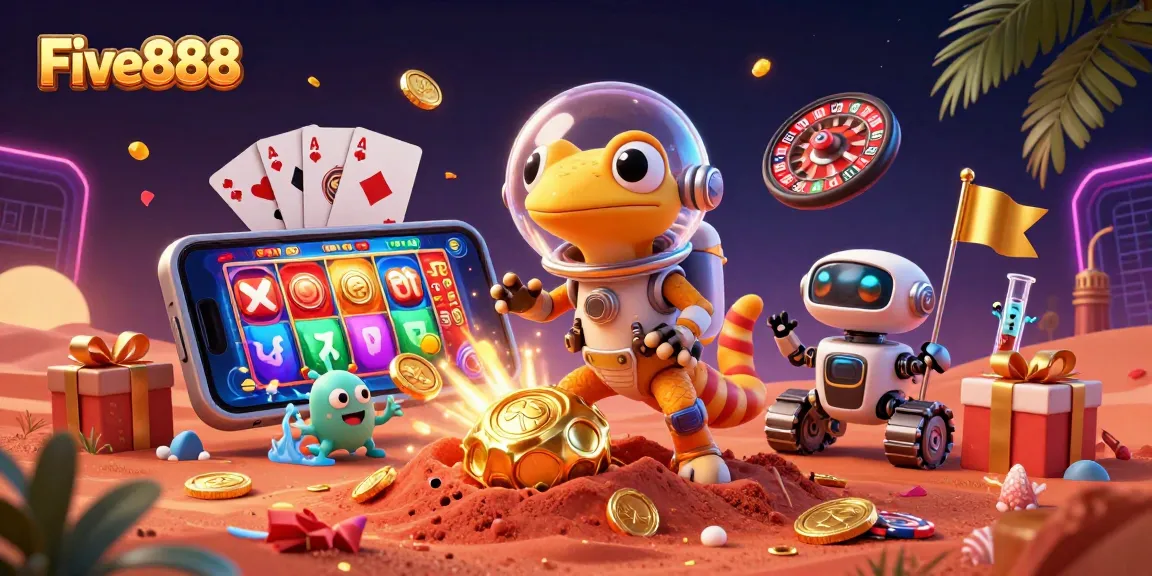 Experience thrilling adventures at Five888 with the Martian gecko uncovering casino treasures.