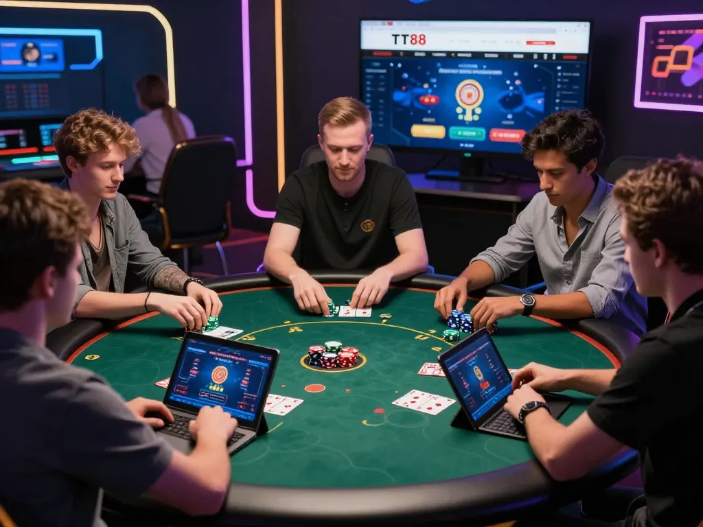 Diverse players enjoying an exciting online poker game at TT88, showcasing interactive elements and modern casino ambiance.