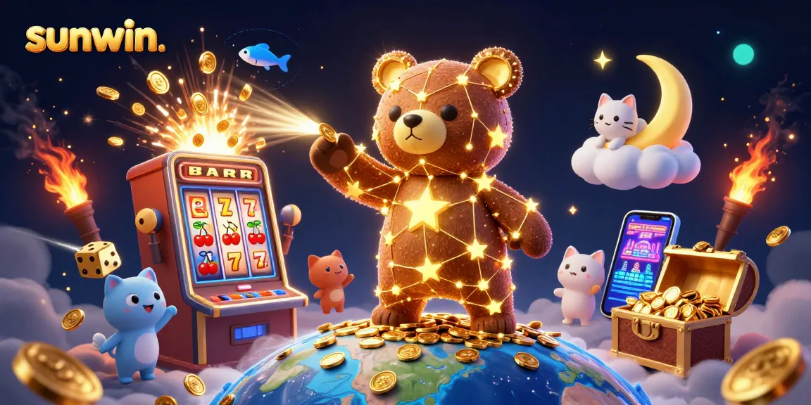 Experience thrilling wins at Sunwin as a constellation bear collects coins under a jackpot explosion.