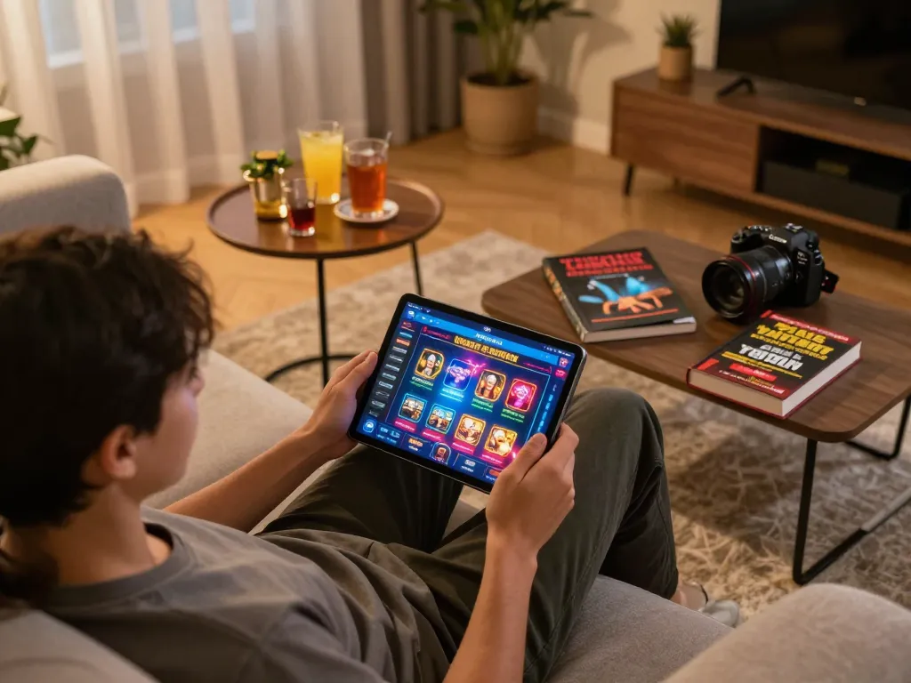 Engaging in online casino gaming on a tablet with 555win app in a cozy living room setting