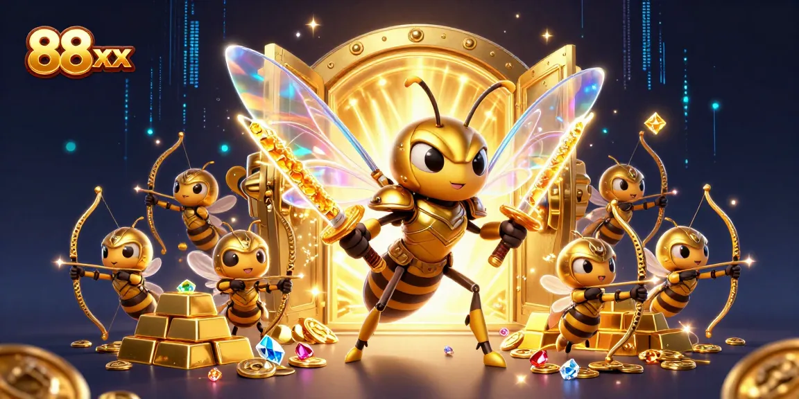 Experience the thrill of 88 xx as the golden hornet and bee archers uncover treasure in this vibrant casino illustration.