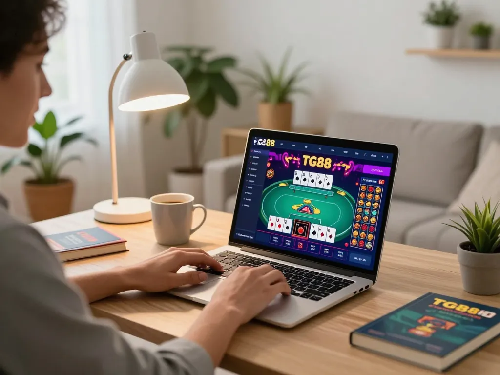 Tg88 user playing online casino poker on a laptop in a modern home office environment