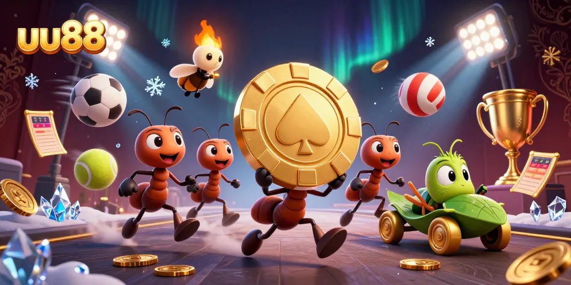 ue88 team of cartoon ants executing a heist with a golden poker chip in a festive tunnel setting.
