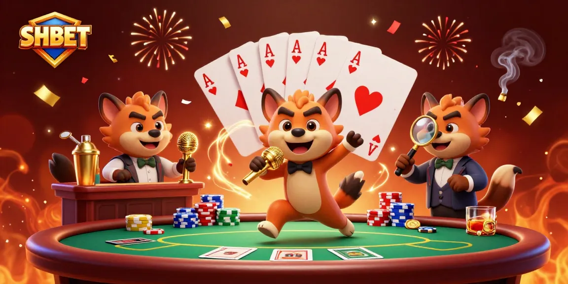 Engage in vibrant casino fun at SHBET with hyena characters enjoying poker and drinks.