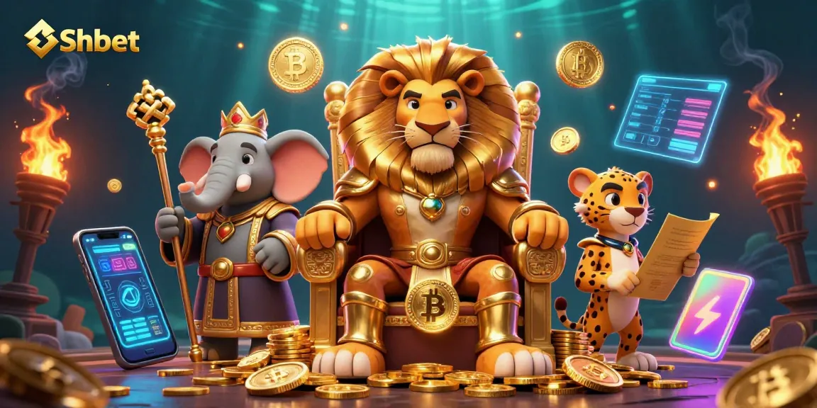 Experience Shbet's vibrant casino atmosphere with a lavish scene featuring a lion king and gaming elements.