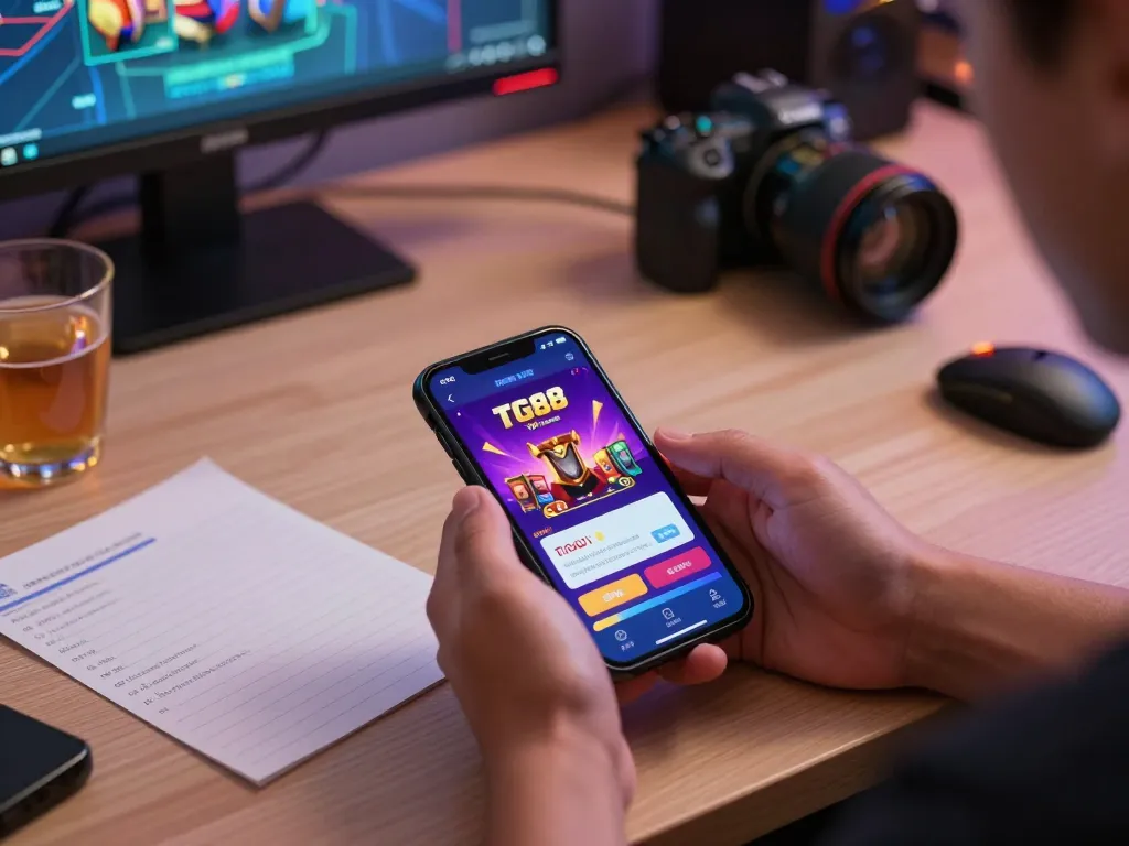 Experience TG88 VIP gaming excitement on mobile device in modern workspace ambiance.