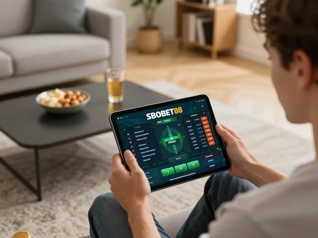 Pengguna SBOBET88 terlibat dalam sesi taruhan online menggunakan tablet dengan odds langsung ditampilkan, suasana rumah yang nyaman.