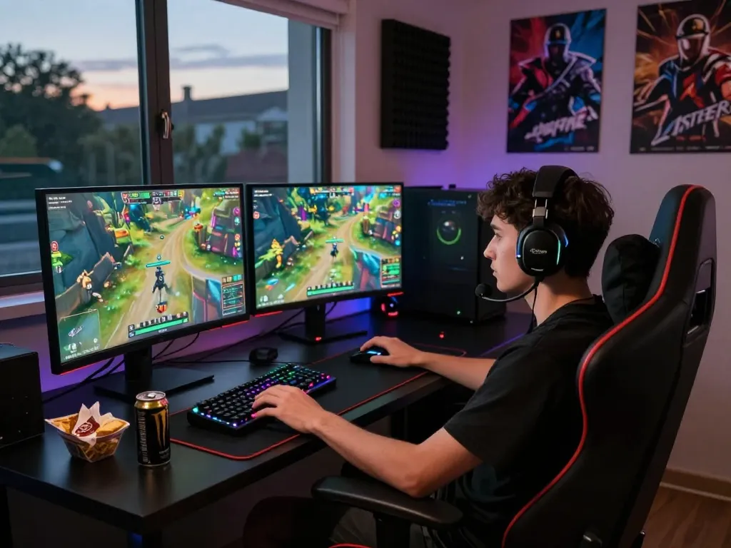 In a vibrant gaming room, a gamer enjoys an online session on https://bomwin.jp.net/ with multiple screens and RGB lighting.