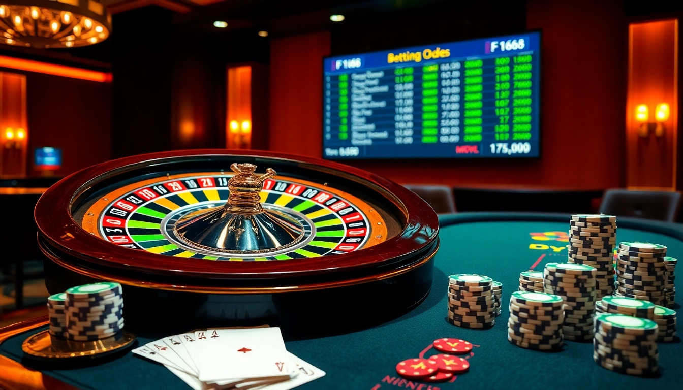 Experience the excitement at F168 casino with vibrant poker chips and a live betting display.