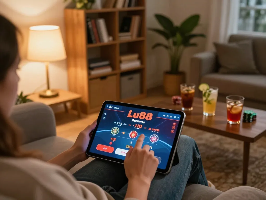 Lu88 poker gameplay on a tablet in a cozy home setting
