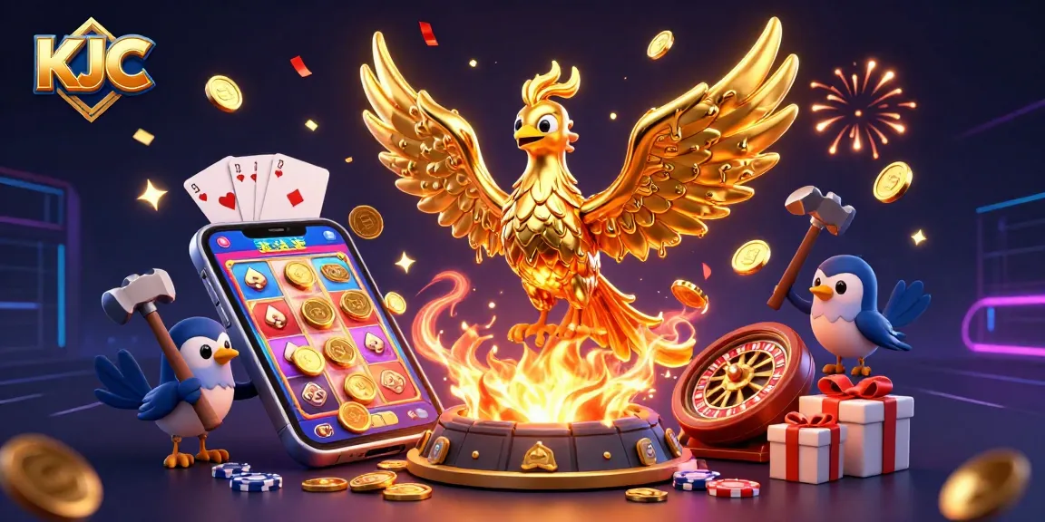 Experience KJC's thrilling gaming world with a molten golden phoenix and a vibrant slot game atmosphere.