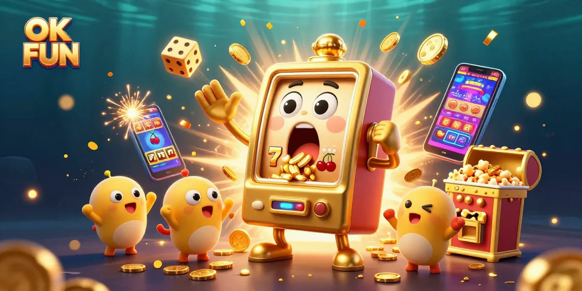Engage with OK FUN's thrilling slots as golden coins burst from a shocked slot machine amidst a festive casino scene.