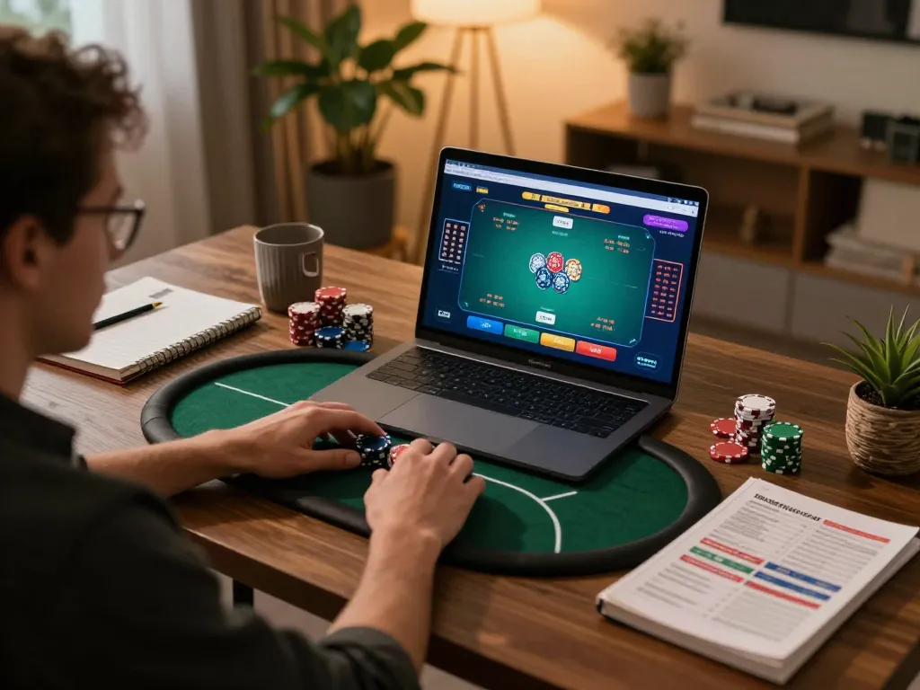 Engaging online poker session with link lc88 displayed on a laptop, showcasing strategic gameplay